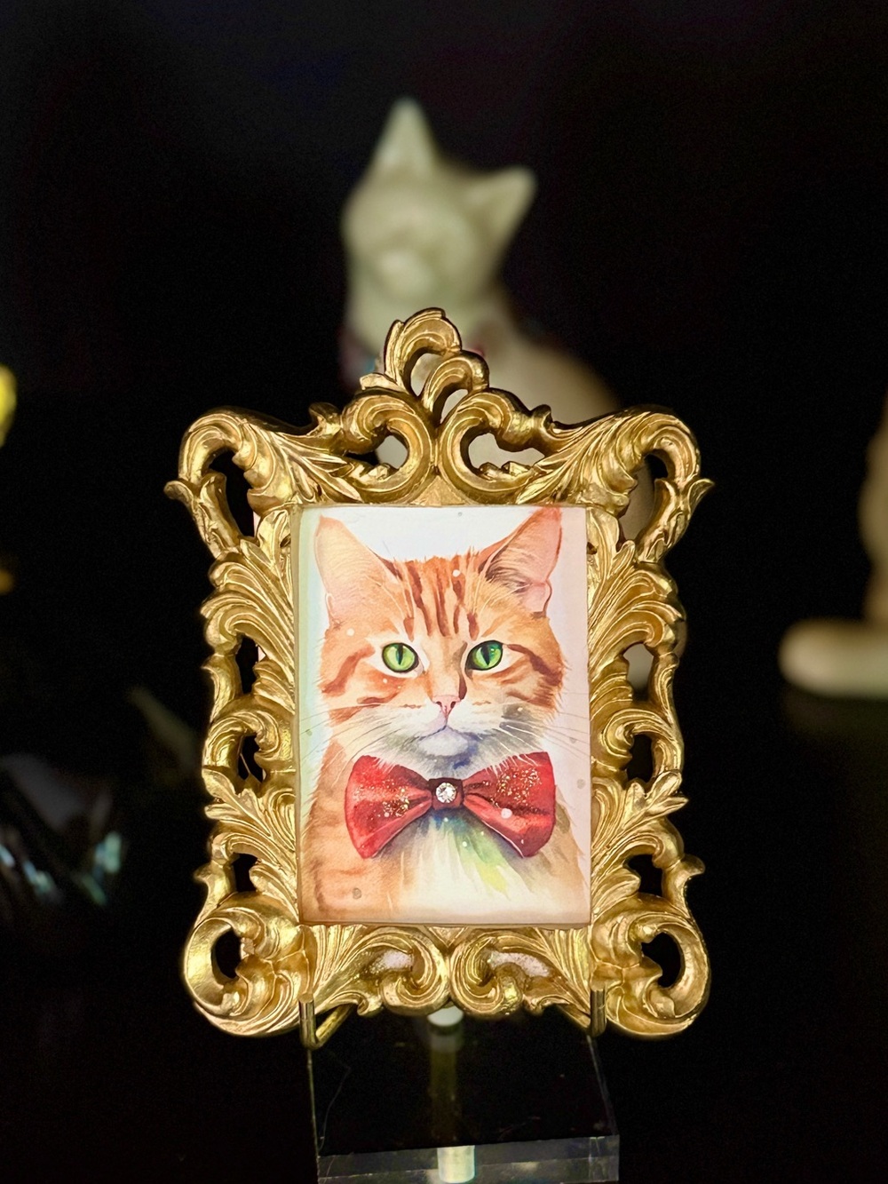 Gold Framed Cat Portrait Mini Art w/ Easel + Magnet